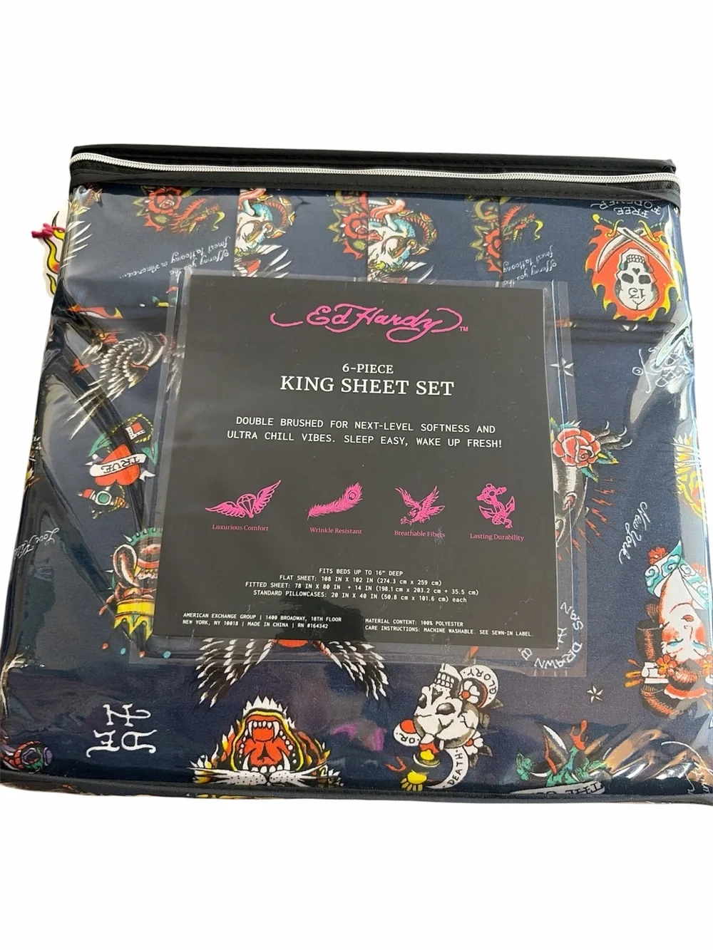 ED HARDY 6 pc. King sheet set navy blue bedding NWT double brushed Soft